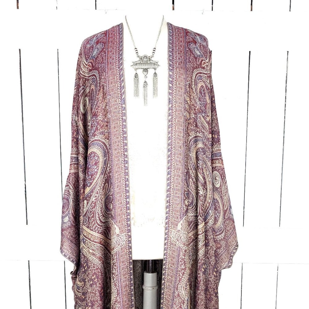 Grey burgundy tribal paisley pashmina kimono cover up jacket